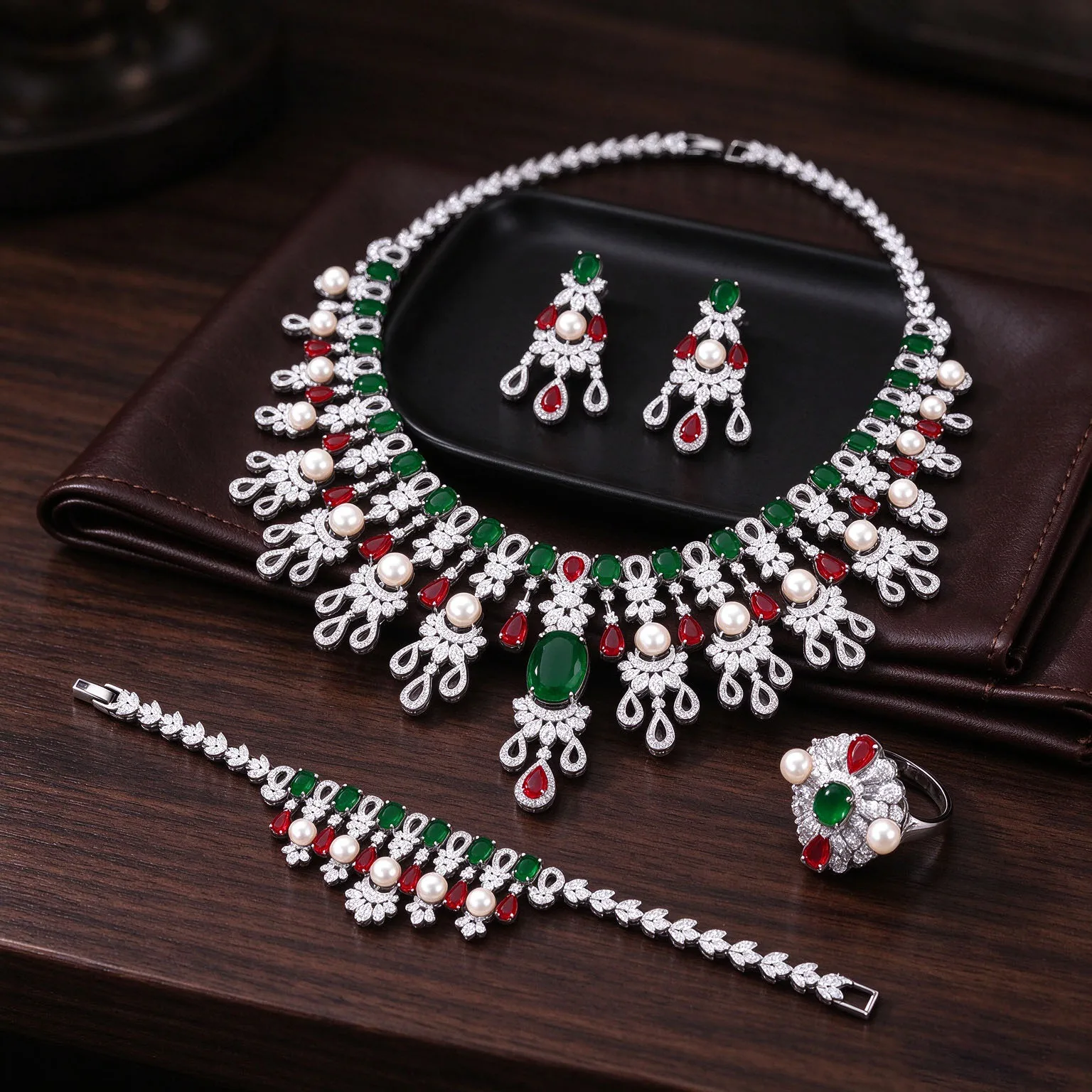 HIBRIDE New Premium Exquisite Red Set Pearl Necklace and Earrings and Bracelet Suitable for Wedding Brides Birthday Gift S-1333