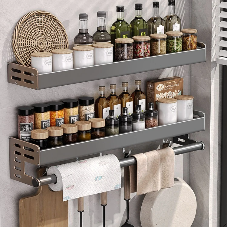 Multifunctional No Drill Wall Mount Kitchen Spice Condiment Rack Household Hanging Utensil Counter Storage Organizer Shelf