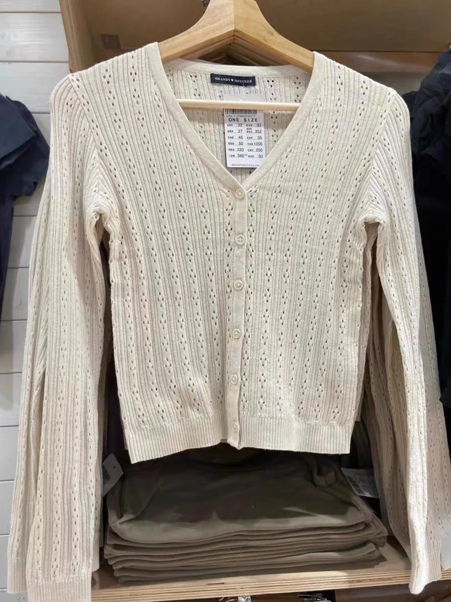 Hollow Out Solid Knitted Tops Women 2025 Spring Sexy V Neck Cotton Long Sleeve T-shirt Female Vintage Simple Cute Crop Top Chic