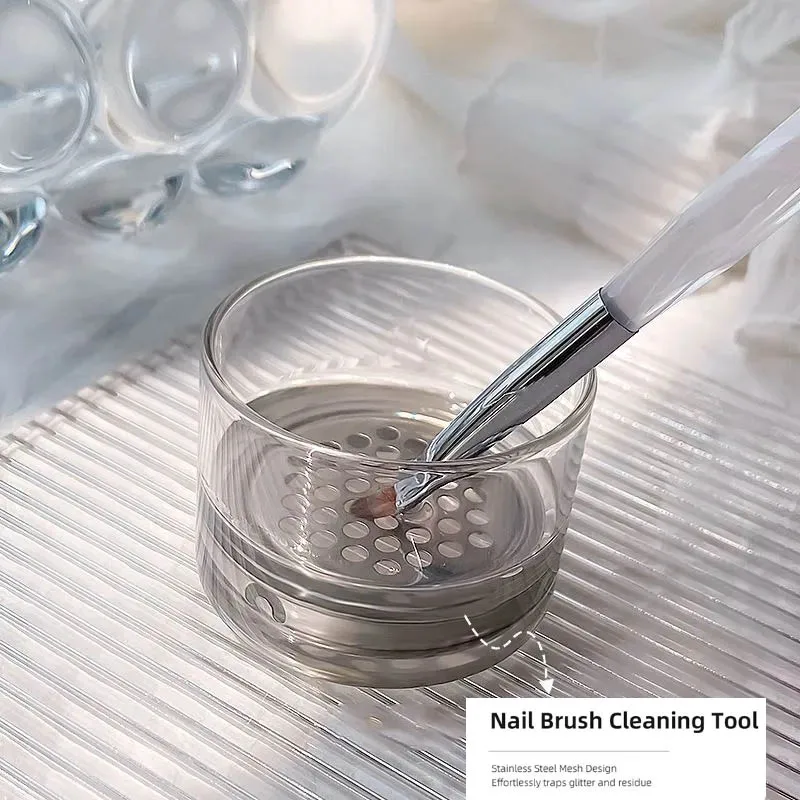 

Transparent Glass Nail Brush Cleaner Cup Wash Pen Brush Cup with Stainless Steel Mesh Base Nail Brushes Cleaning Container Tool
