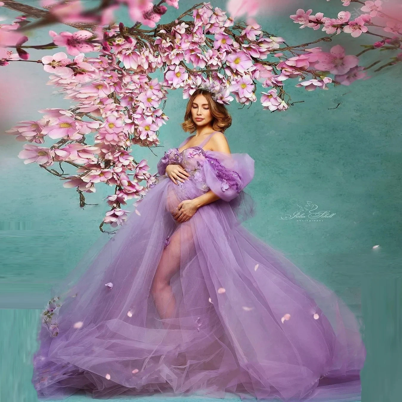 Lilac Puff Sweetheart Maxi Gowns Tulle Pretty Floral Pregnancy Dress 2024 Ruffles Maternity Pregnant Dresses Photo-shoot