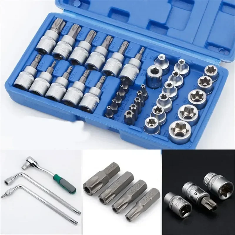 Professional 34pcs Bit Socket & E-type Star Socket Set 1/4" 3/8" 1/2" Drive Male Female Bits Handheld Tool with Case