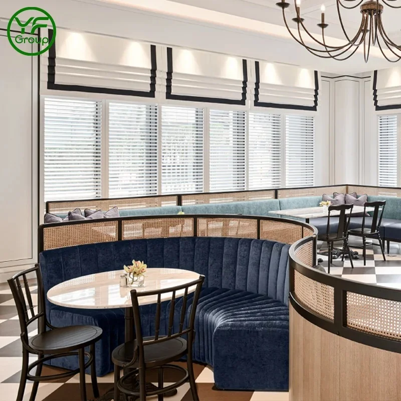 Custom Commercial Ribbed Velvet Restaurant Luxury Blue Settee with Rattan Screen Booth Seating for Restaurant