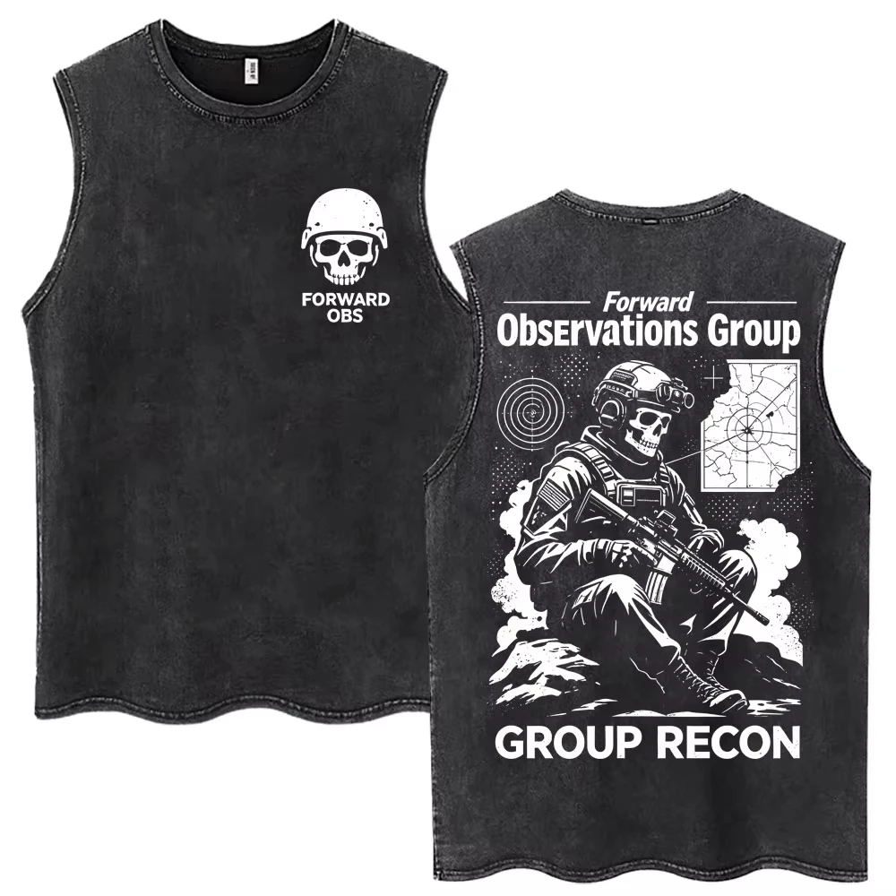 2026 Men Vintage Outdoor Recon Explorer Graphic Tank Top Washed Black Sleeveless Tee Retro Adventure Streetwear Cotton Vest