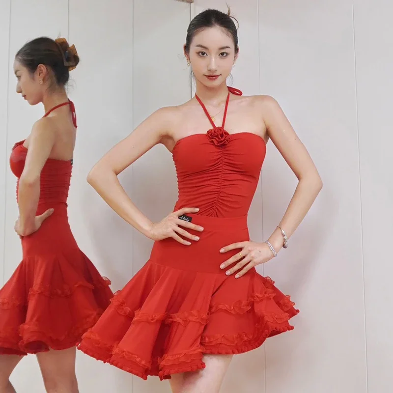 

Red Latin Dance Dress Women Halter Neck Tops Fishbone Skirt Adult Latin Performance Costume Rumba Tango Dance Clothing DNV20838