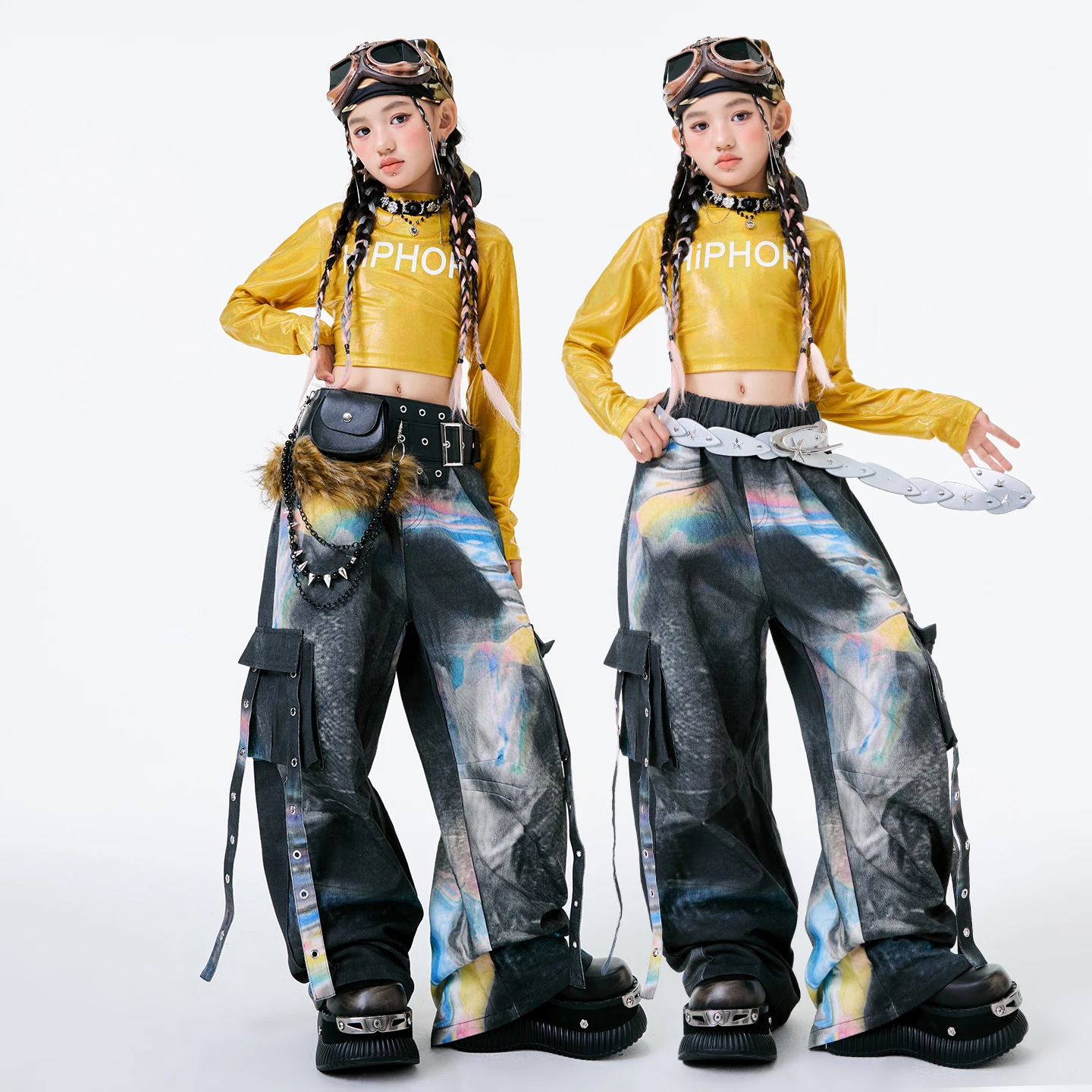 2025 Children Hip Hop Dance Costumes For Girls Yellow Crop Tops Loose Pants Outfits Modern Jazz Performance Clothing DQS21038