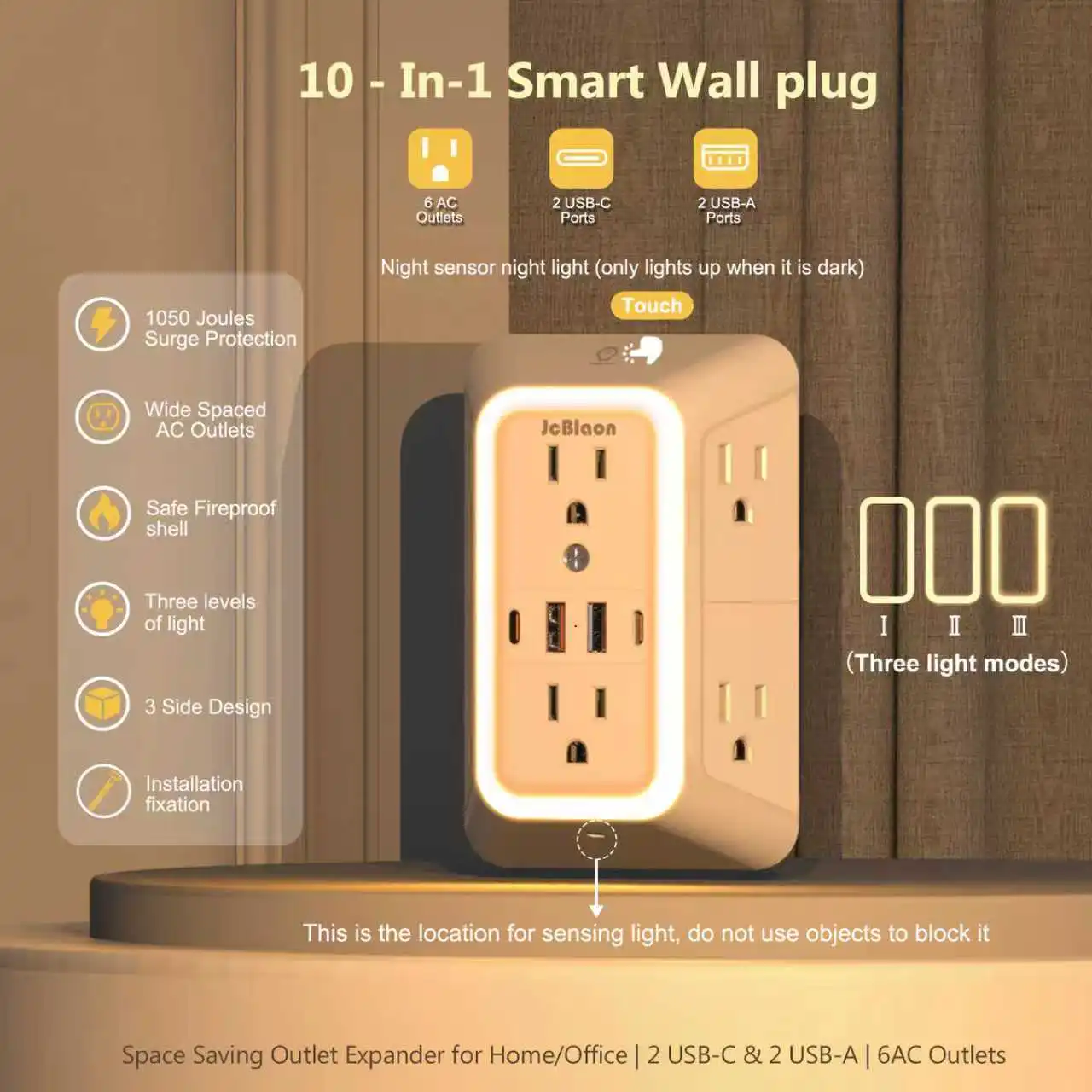 With Night Light US Standard Wall Socket with AC USB Type-C Port 5V 2.4A, Charge Electrical Socket Power Strip Plug Outlet