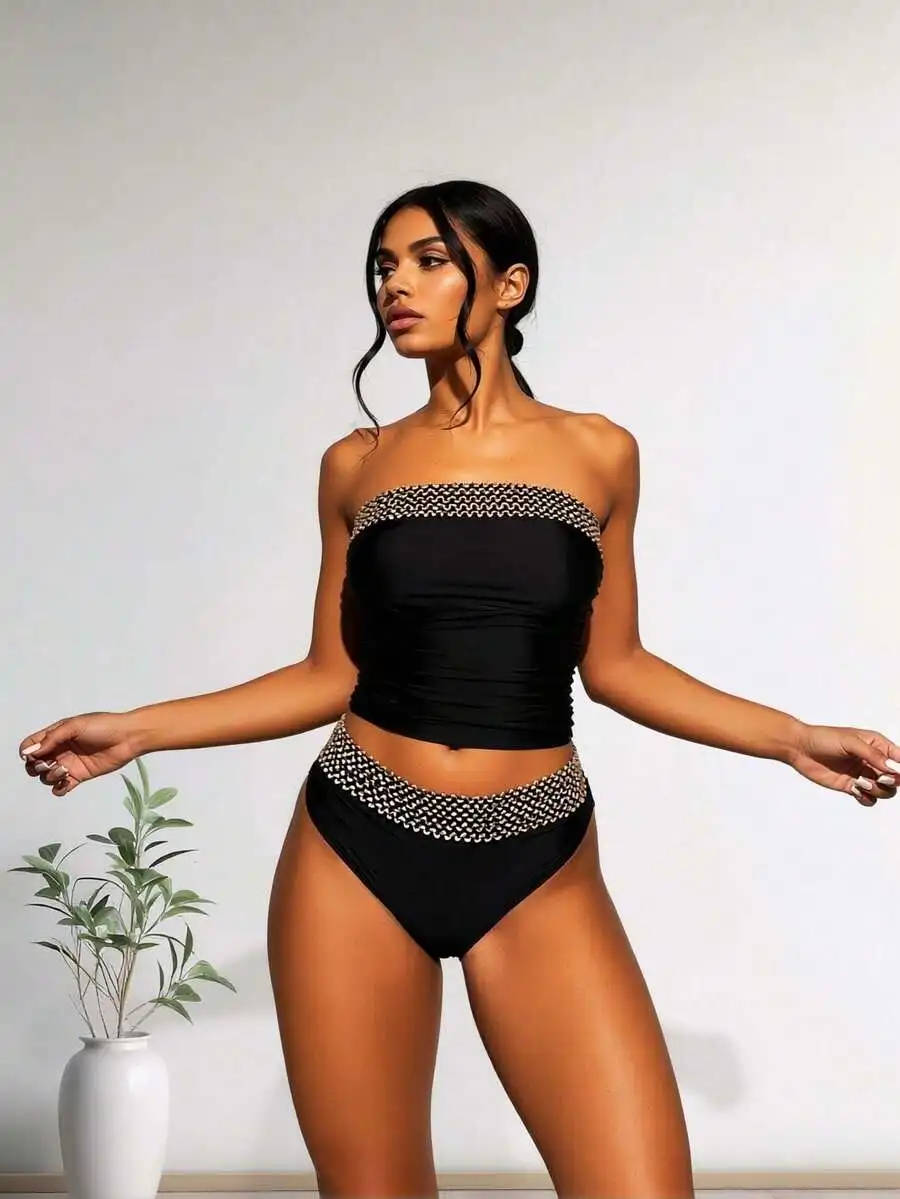 Black Bandeau Tankini Swimsuit With Metallic Trim Ruched Tummy Control Two Piece Bathing Suit For Women