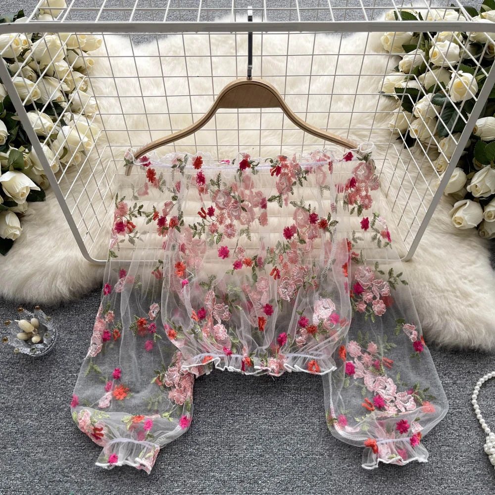 

Women Summer Lace Shirt Elegant Off Shoulder Mesh Embroidered Perspective Shirt Loose Puff Long Sleeves Crop All-matched Top