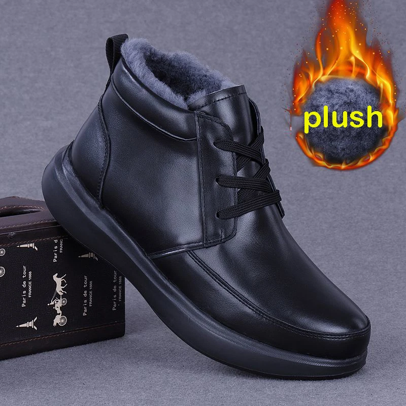 High Top Leather Shoes Men Real Wool Plus Plush Cotton Fur Fleece Short Snow Boots Fluff Winter Warm Sneakers Outdoor Business