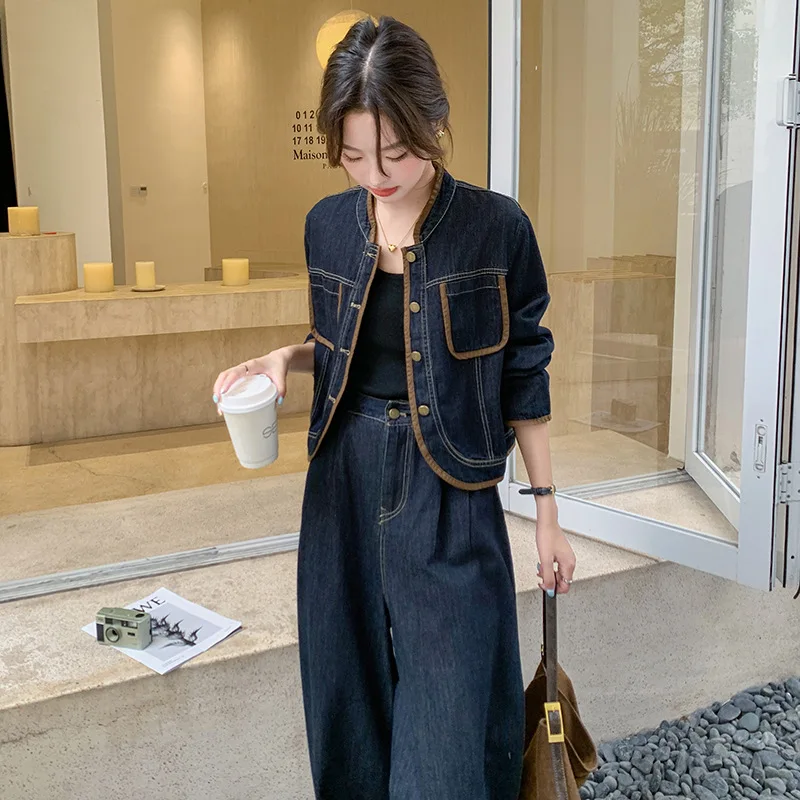 

Осенний новый винтажный комплект из двух предметов, женский корейский стиль, модная повседневная джинсовая куртка и широкие джинсы, элегантный комплект