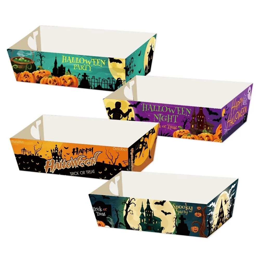 

12pcs Tableware Rectangular Halloween Party Tray Pumpkin Sturdy Snack Paper Boxes Ghost Bat Cookie Tray Festival