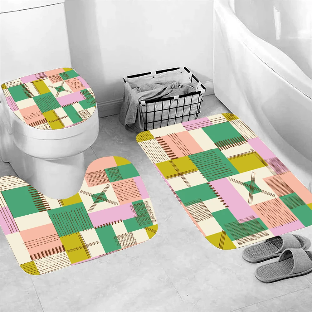 1 set of colorful green powder graffiti grid printed shower curtains, modern minimalist style, with plastic hooks and bathroom