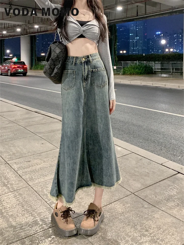 Neue Koreanische stil Version frauen Retro Denim Rock Hohe Taille Frühling Sommer EINE Linie Rock Lange Jeans Weibliche Grundlegende Vielseitig