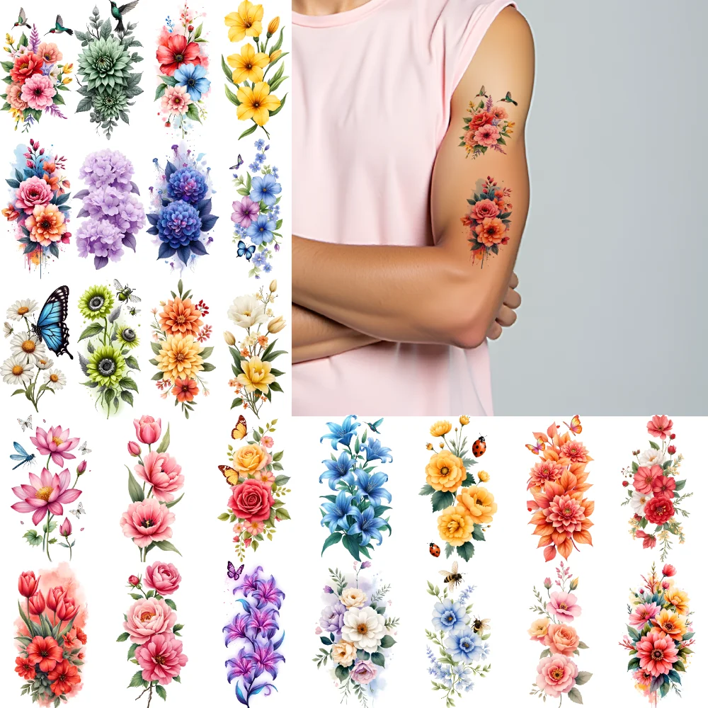 

9pcs Temporary Tattoo Sunflowers Temporary Tattoo Stickers Daisies Tulips Colorful Floral Designs For Adult Male Back