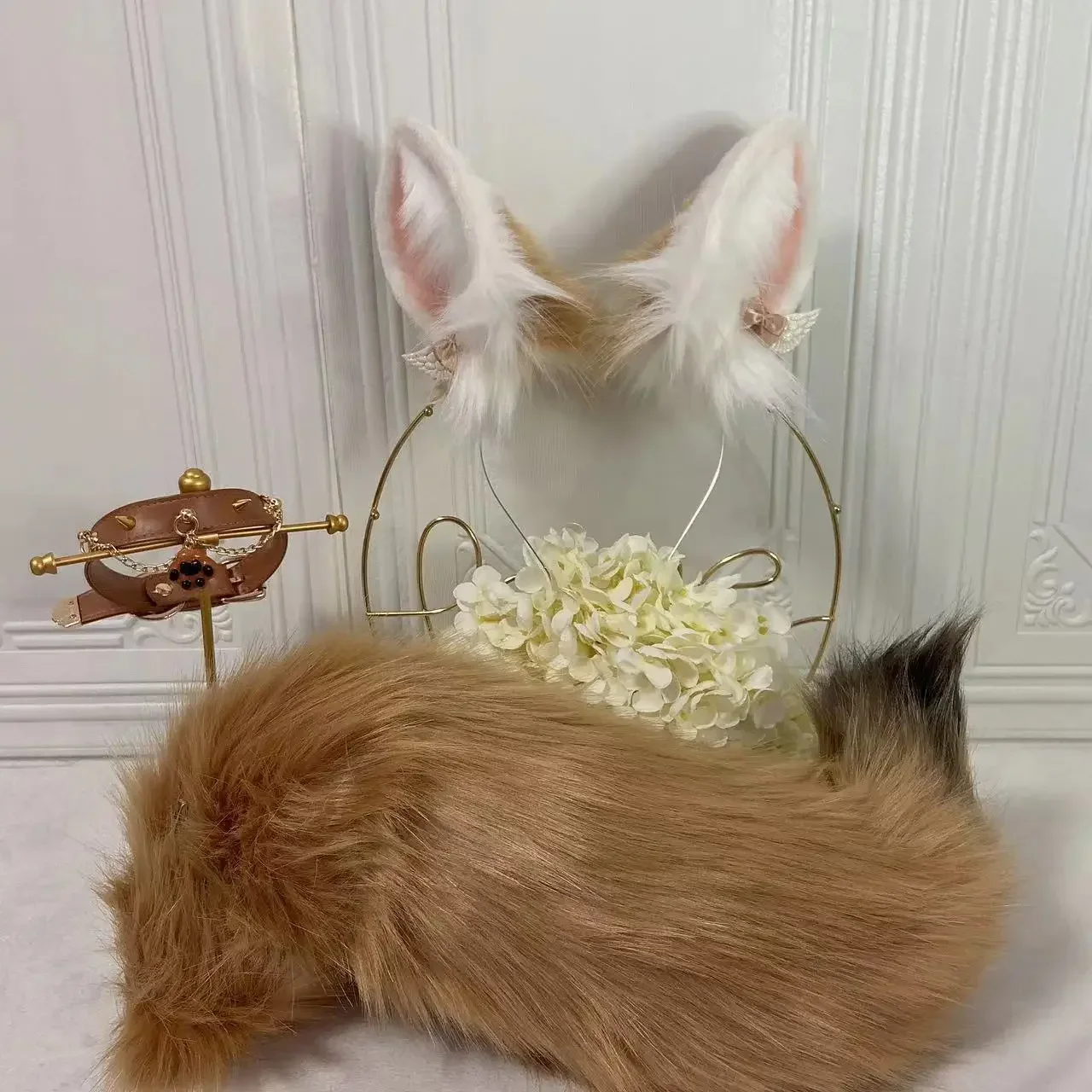 New Handmade Simulation Beast White Brown Fox Ears Hairhoop Tail Earrings Necklace Animal Cosplay Headwear Costume Accessorie