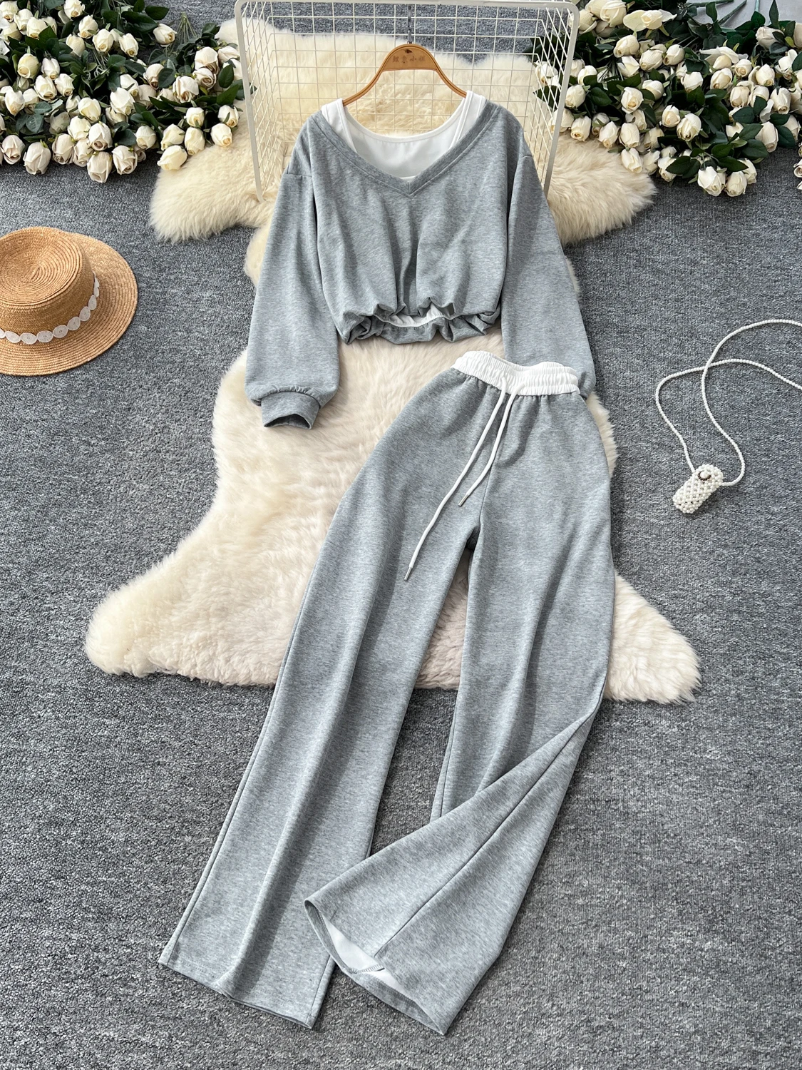 

Casual Loose Women's Autumn Wear High Waist Wide Leg Pants Long Sve Sweatirt Waist Cinching Fake Two-Piece Patchwork