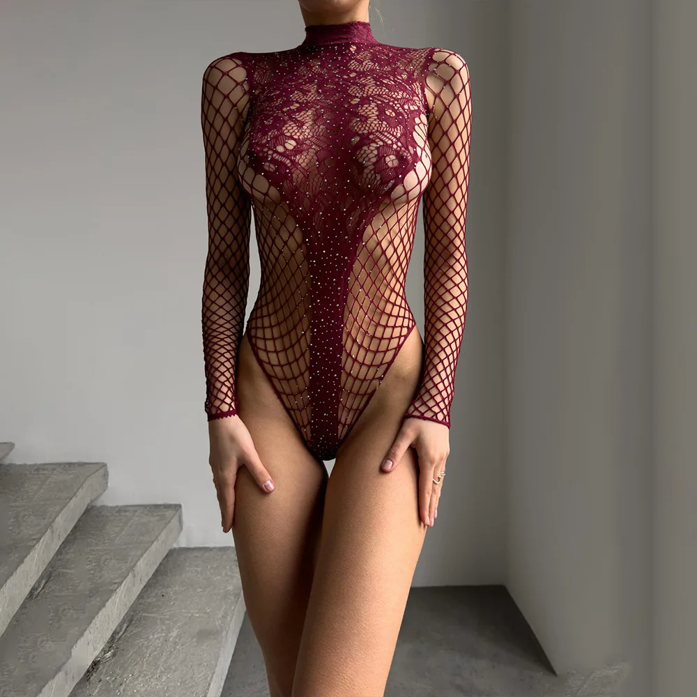 

Hollow Out Mesh Bodysuits Women 2025 Spring New Rhinestones Fishnet See Through High Stretch Long Sleeve Bodycon Tops