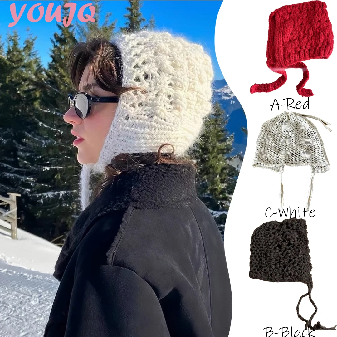 

Korean Hollow Knitting Balaclava Cap for Men&Women Simple Versatile Shawl Hooded Cover Ear Protection Lace Up Handmade Hat Gorro