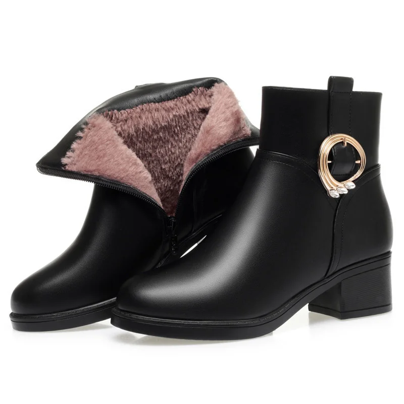 Winter Fashion Casual Cotton Side Zipper Square Heel Short Boot Women Comfort Warm Soft Leather Platform Ankle Boots