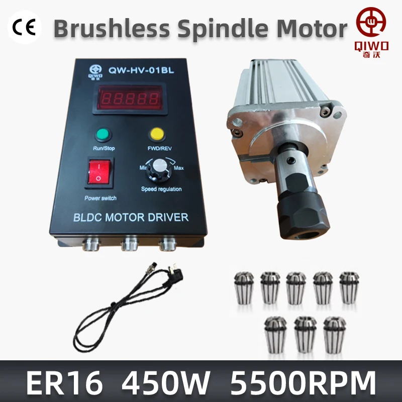 Square 450W DIY Spindle Kit Set High Torque 0.45KW Brushless Spindle Motor Driver with ER16/ER20 Collet for Drilling Milling