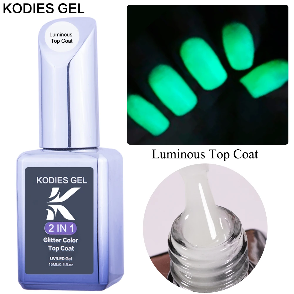 

KODIES GEL NEW Top Coat Glow In The Dark 15ML UV Gel Nail Polish Luminous Topcoat No Sticky Glossy Diamond Shine Hybrid Varnish