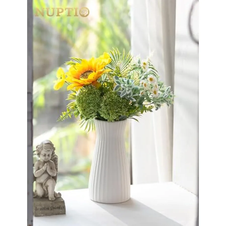White Ceramic Flower Vase: 7.9" Tall Unglazed Pampas Grass Vases for Building Block Flowers - Modern Decorative Table Centerpie view 3