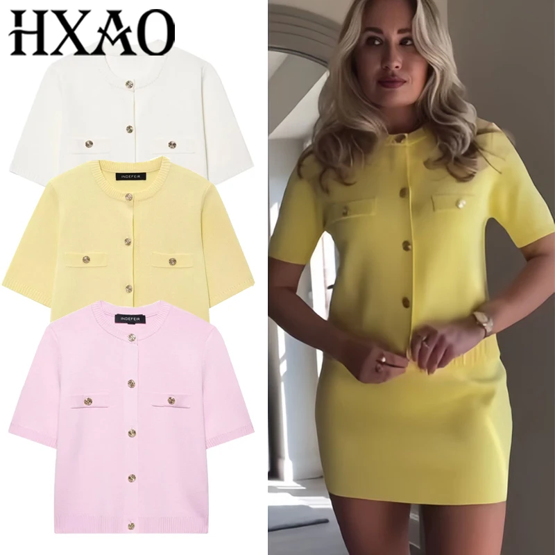 

HXAO Women's Sweater Crop Knitted Cardigan Outerwears New Short Sleeve Pink White Yellow Cardigan Button Jacket Short Sweaters