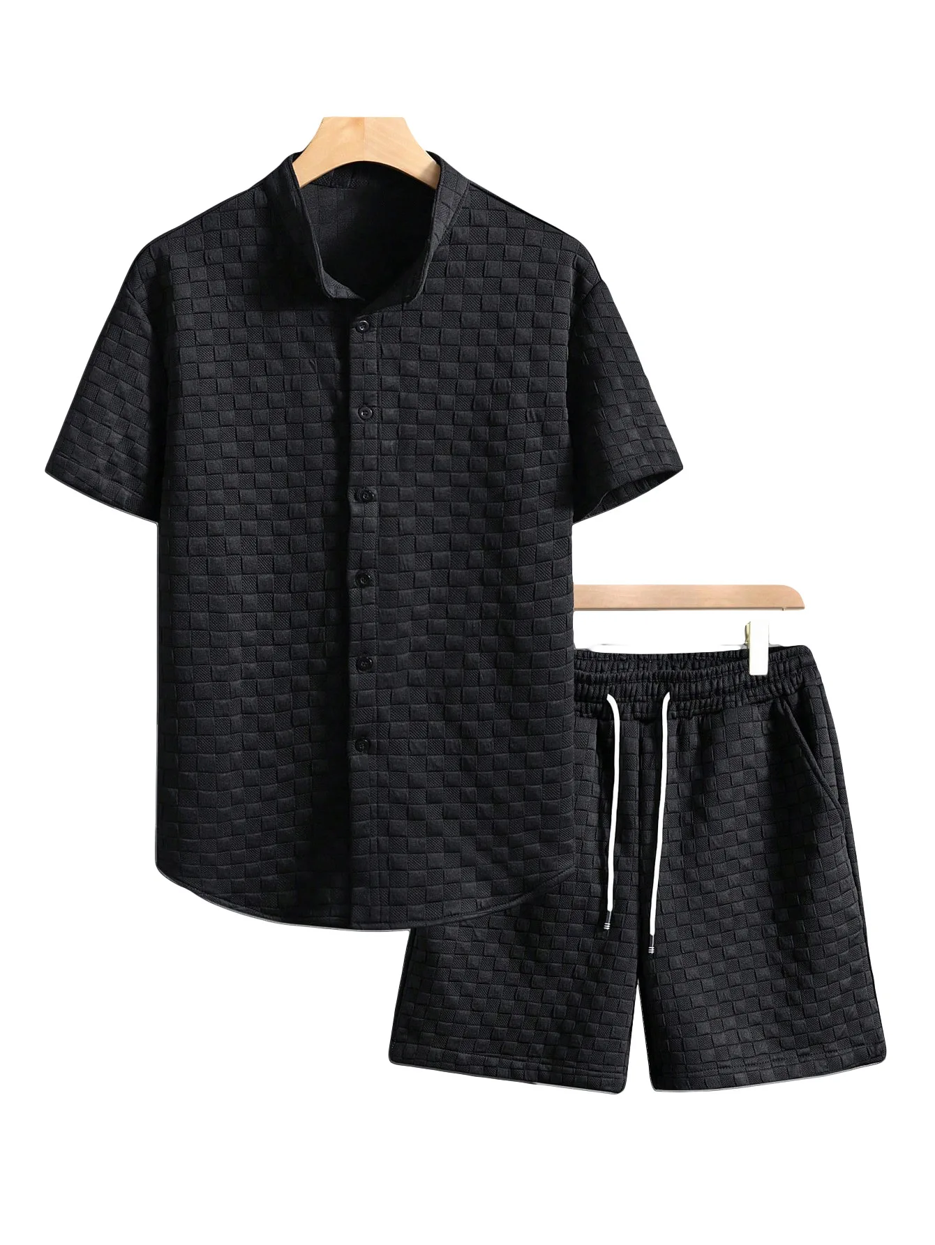 

Summer men's casual fashionable solid-color set with a stand-up collar buttoned design short-sleeved shirt and breathable shorts