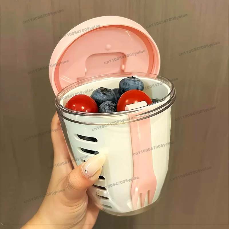 Dopamine Fruit Cup with Fork and Lid for Office Workers To Take Out Students Portable Breakfast Salad Oat Crisper