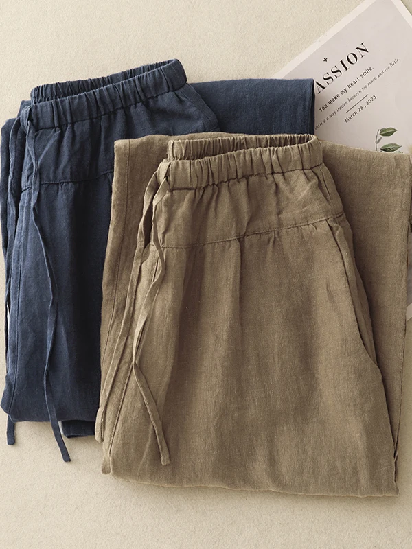 Summer New Style Artistic Retro Large Size Elastic Waist Loose Slimming Zen Mind Linen Casual Pants Women's Harlan Nine Points