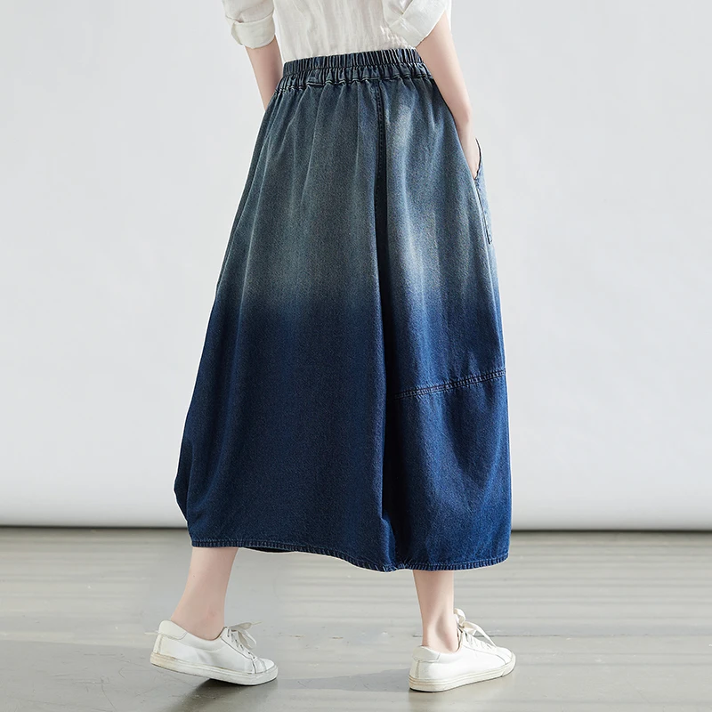 Jupe mi-longue en Denim pour femmes, grande taille, couleur adient, boutons, amincissante, longueur aux genoux, jupe trapèze polyvalente, printemps