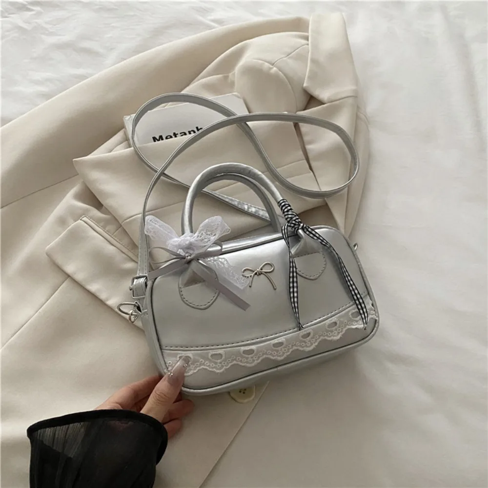 

Универсальная сумка Boston из искусственной кожи с бантом, водонепроницаемая сумка через плечо для боулинга, маленькая квадратная женская сумка с кружевной лентой