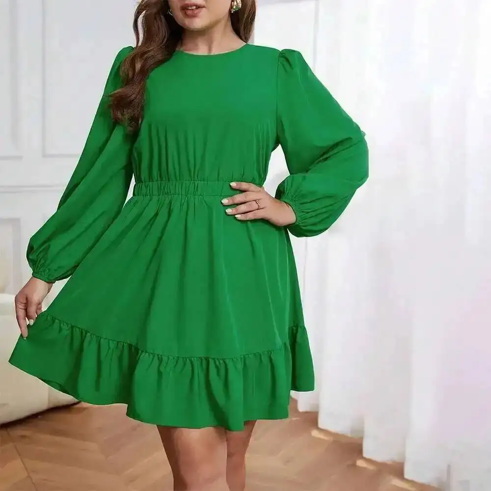 

Women's 2025 Large Size Autumn and Winter Ruffle Edge Waist Cinched High Skirt Round Neck Long Sleeved Temperament Dress Y2k