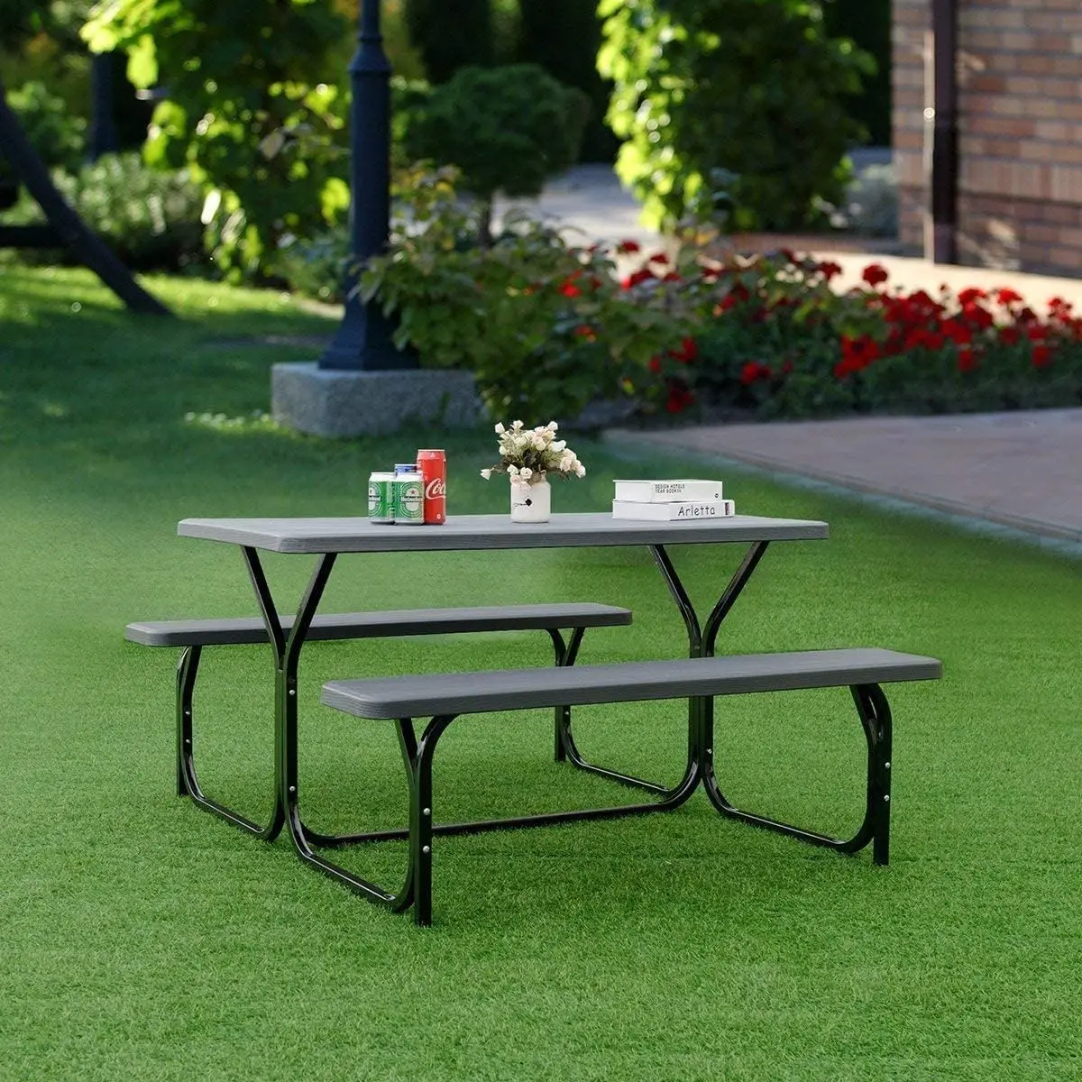 Outdoor Picnic Table Bench Set with Metal Frame & All Weather-Resistant Surface, Camping Table Set for Patio Backyard Poolside