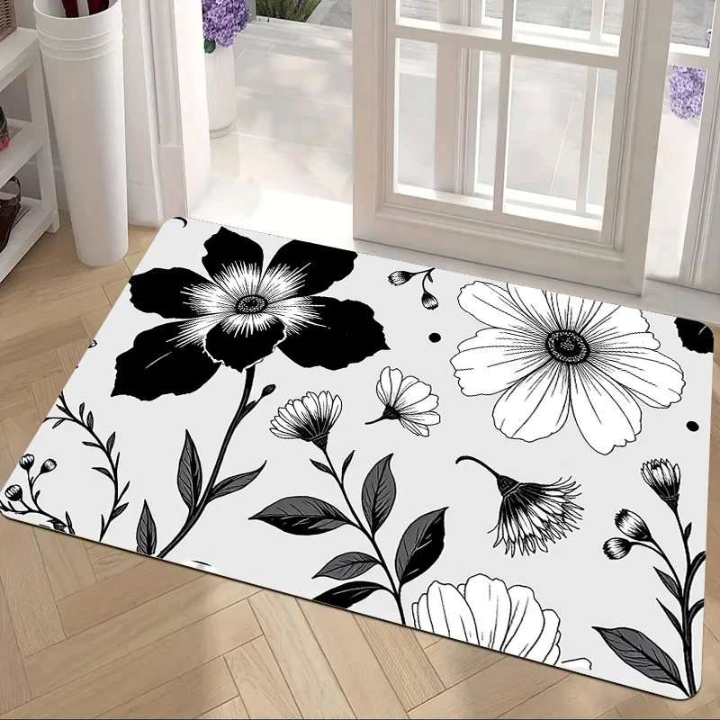 

Черно-белый коврик с цветочным узором, изготовленный из полиэфирной ткани, можно стирать в машине, подходит для декора спальни и гостиной.
