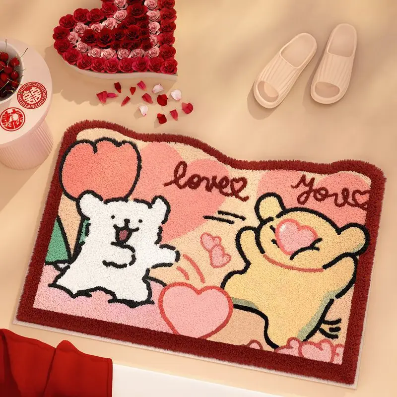 Happy Wedding Valentine's Day Floor Mats for Entrance Door Home Cartoon Puppy Foot Mats Absorbent Non-slip Door Mats Washable