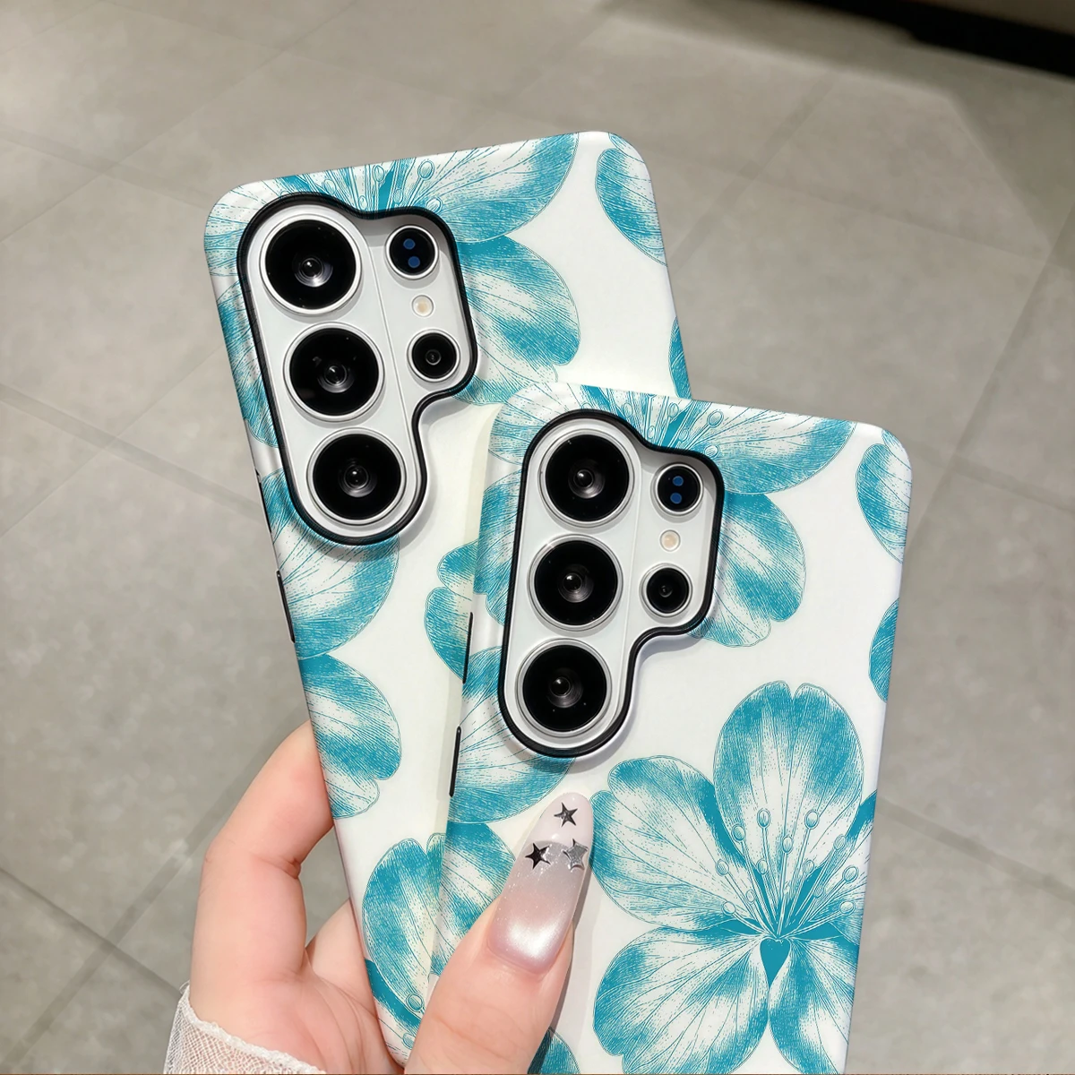 Blue Floral Sketch Phone Case For Samsung Galaxy S26 S25 Ultra S24 S23 Plus Hard Shock‑Absorption 2-in-1Protective Cover