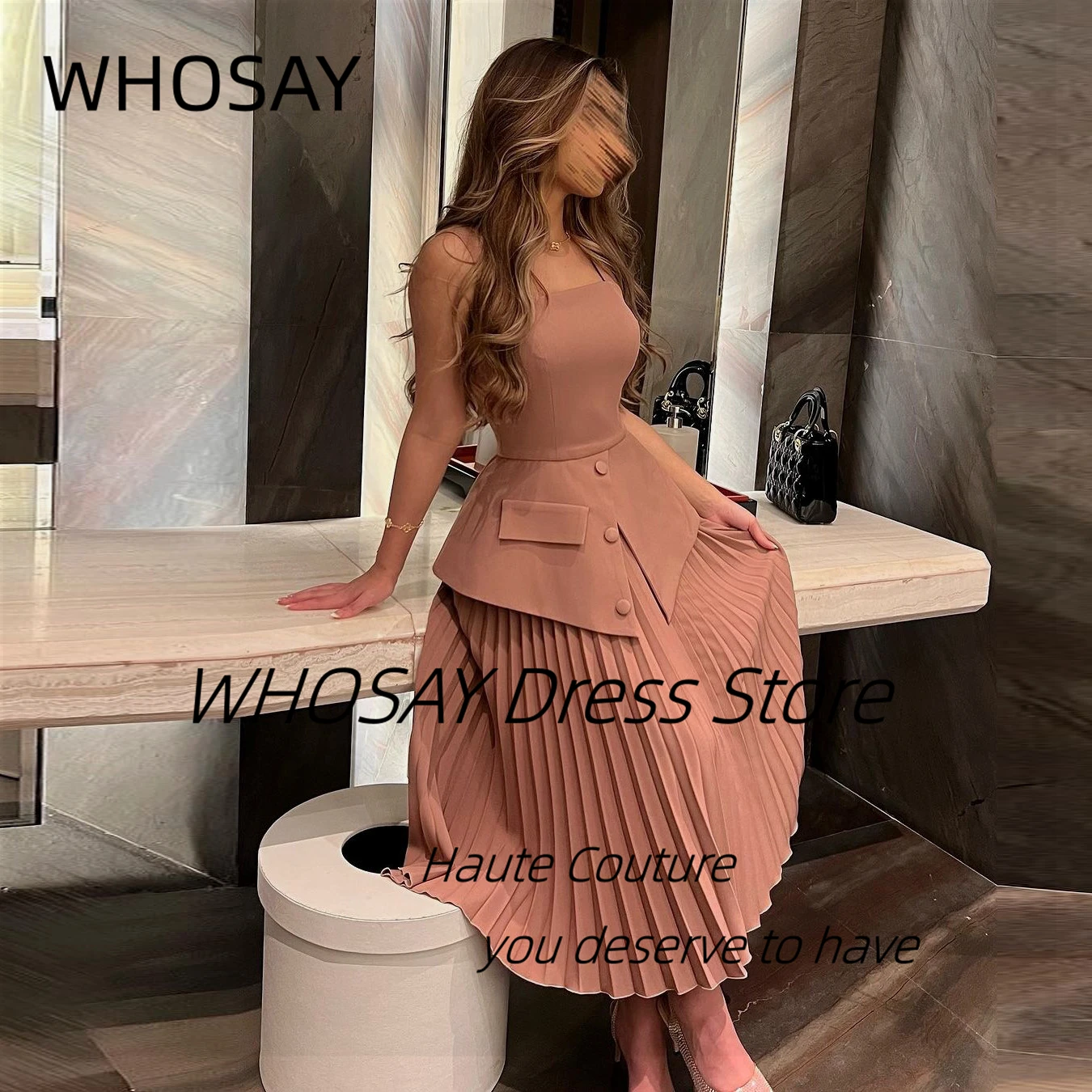 WHOSAY 2024 Prom Dresses Off Shoulder Zipper Back Evening Gowns Buttons Pleats Tea Length Holiday Party A Line Wedding Dress