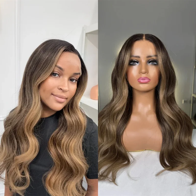 

13x4 Free Part Ombre Dark Brown Synthetic HD Lace Front Wig Soft Long Body Wave Wig High Quality Wig Party Daily Cosplay Wear