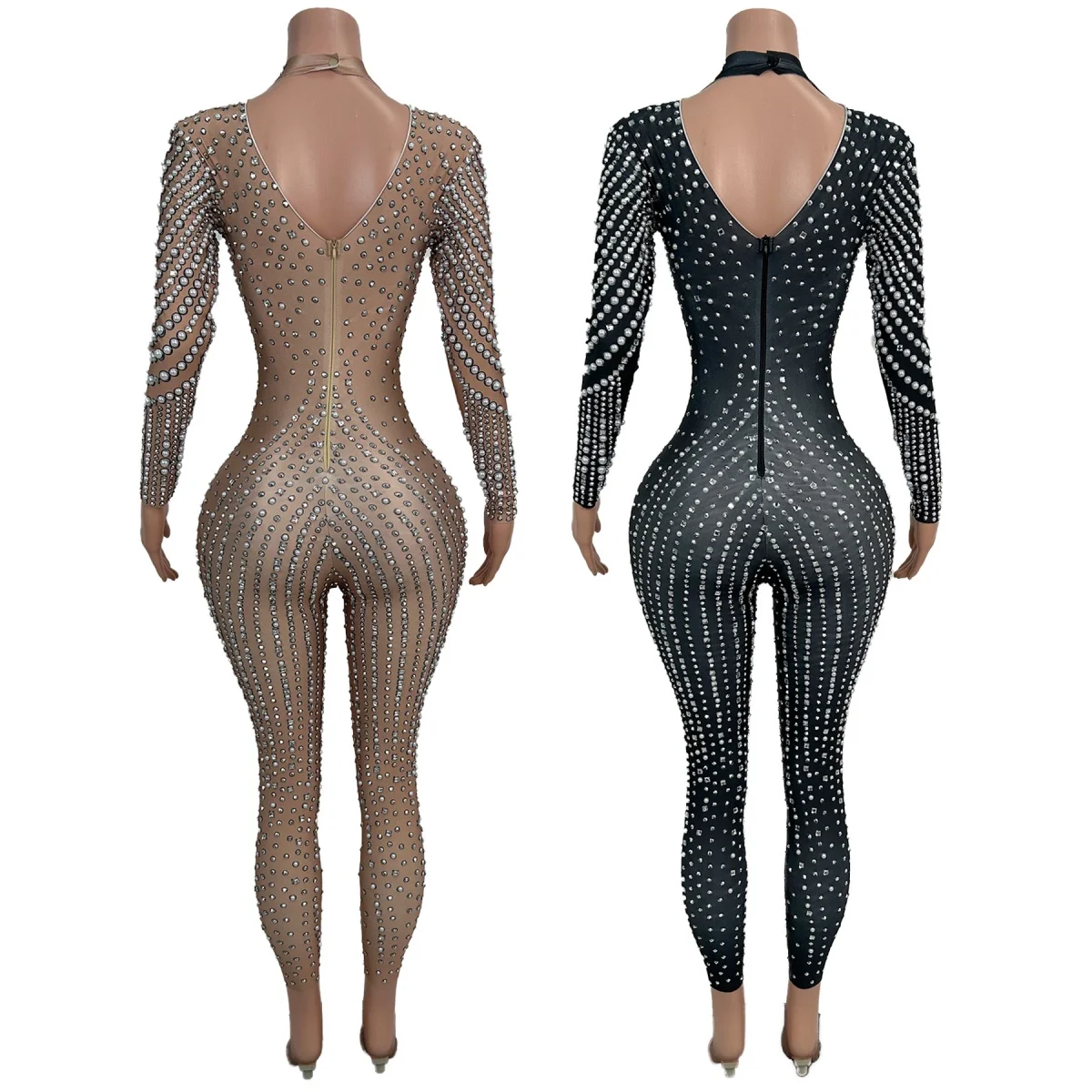 ชุดจั๊มสูทรัดรูปประดับมุกและคริสตัลสำหรับงานปาร์ตี้กลางคืน คาร์นิวัล  ชุดเต้นรำบนเวที ชุดดีเจ ชุดแสดง  เจิ้นจูหวัง