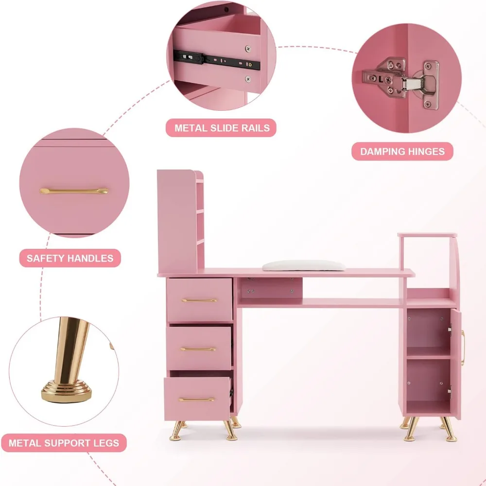 Prego Desk com pulso Almofada, Mesa de Manicure, Maquiagem Dressing Station, Beleza Workstation, Salon Storage Equipment