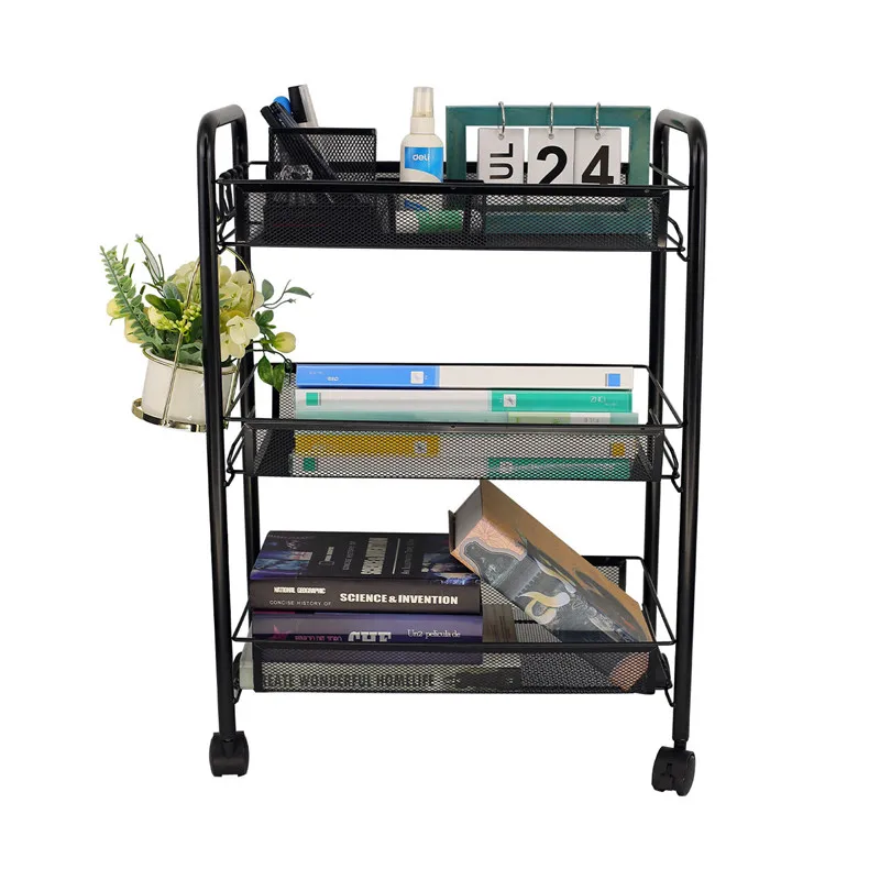 Kitchen Storage Bathroom Shelf  Toilet Rack Metal Trolley Organizer Three-Tier Storage Rack With Wheels Trolley With Hook Holder