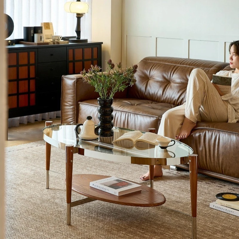 

style minimalist solid wood double-layer tea table living room small apartment family minimalist glass large side table