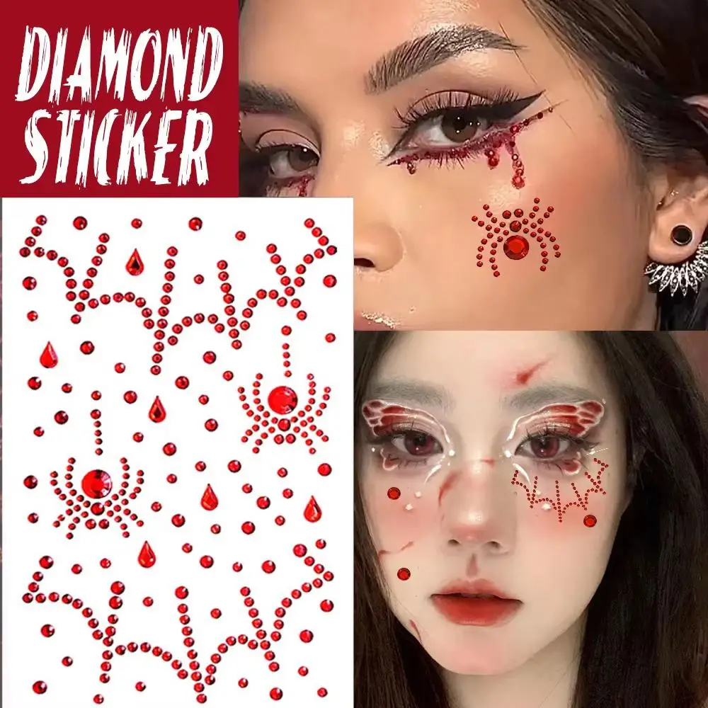 1/4sheet Face Jewels Crystal Tattoo Spider Pattern Facial Rhinestone Stickers Mix Size Self Adhesive Body Brow Makeup Halloween