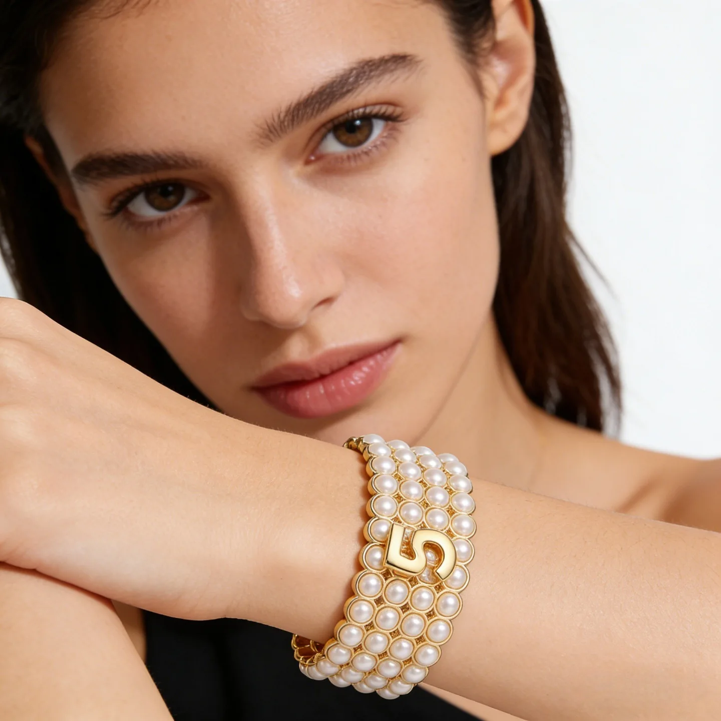 Retro multi-layer pearl digital 5 wide version bracelet femininity light luxury niche high-end gold bracelet