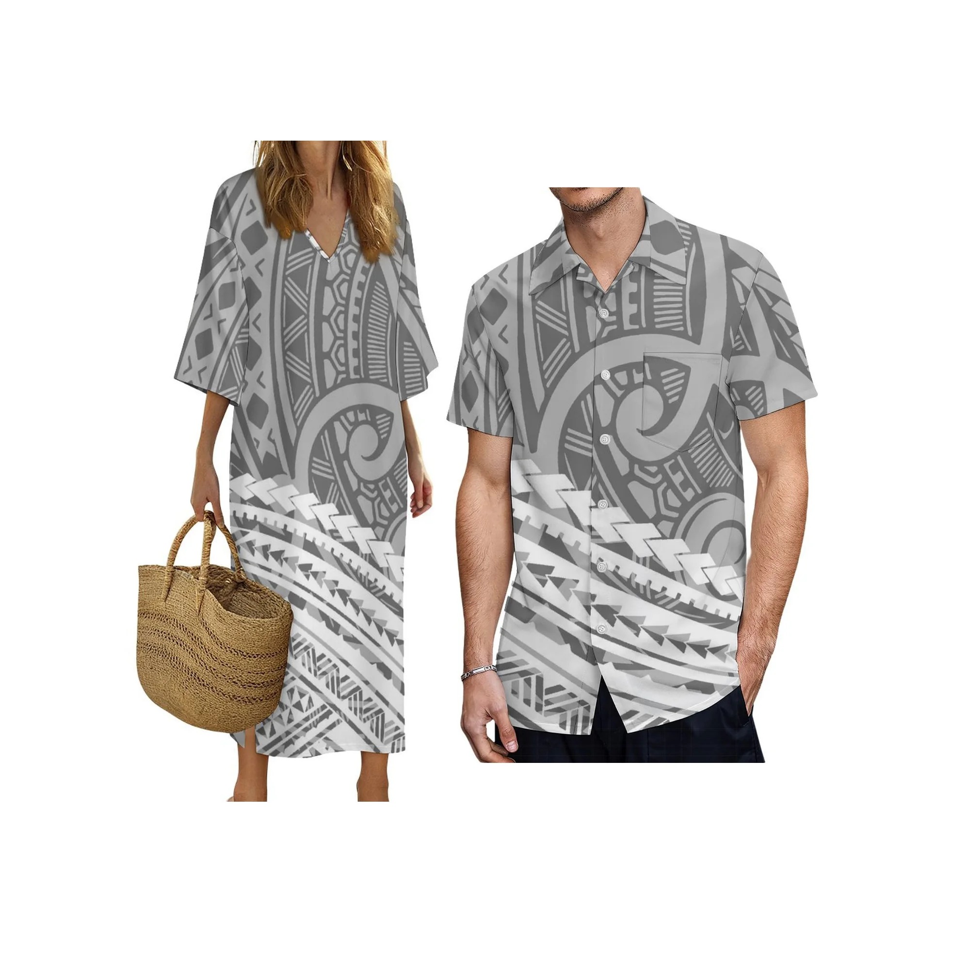 プリントオンデマンドの新しいポリネシアンアイランドデザインVネックレディースドレスとアロハメンズ半袖シャツのカップル服