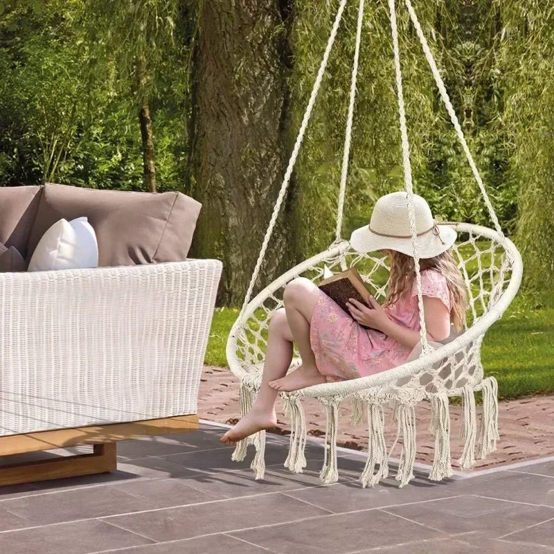 Leisure Hammock Chair Hanging Basket Swing Cotton Rope Braided Hanging Deck Chair Hammock for Courtyard Balcony Living Room image 2