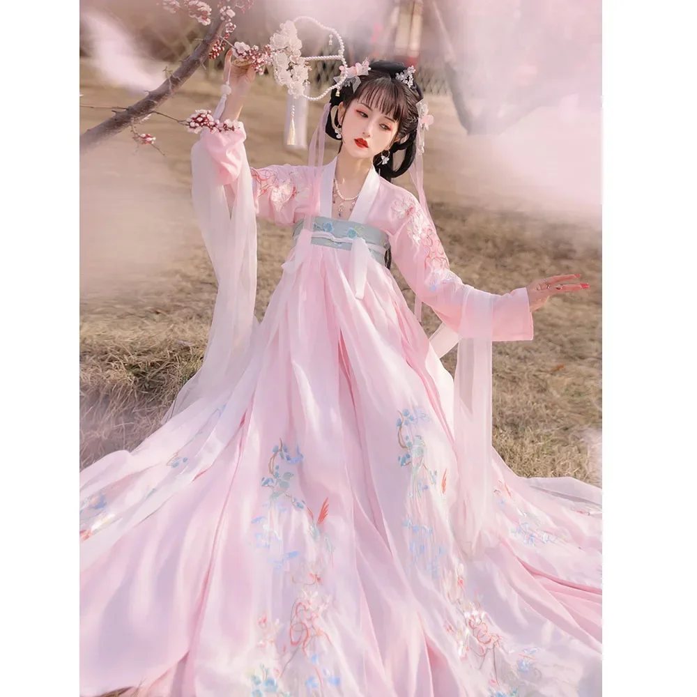 Young Girl Pink Hanfu Dresses Chinese Tang Dynasty Exquisite Embroidery Women's Clothing Orient Princess Cosplay Costume