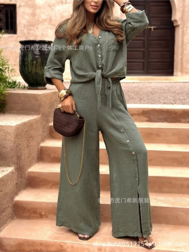 

New Woman's Casual Irregular Two-piece Sets Loose Long Sleeve Blouse Button-down Wide-leg Pants Sets Fashion Woman's Clothing